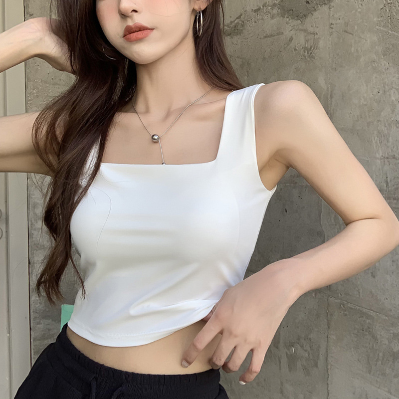 Cuello cuadrado de seda de hielo amplia correa de hombro envuelto en el pecho chaleco para mujeres sin anillo de acero fijo Copa interior y exterior desgaste que basa el chaleco para mujeres