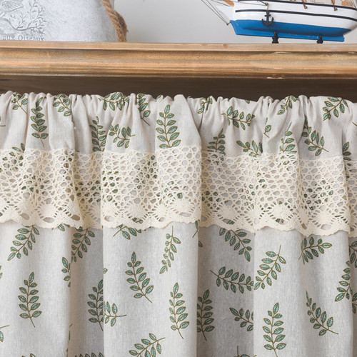 Le Xu Cotton Lined Olive Leaf Print Short Curtains, American Farmhouse Kitchen Cabinet Covering Curtain, No-Pin Coffee Curtain