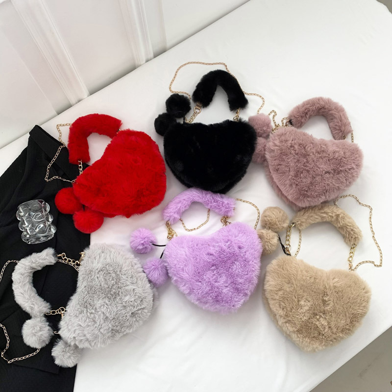 Virsiku südamega käekott, armas plüüsist palliga õlakott, isikupärastatud ja niššnaiste ühevärviline temperament, südamekujuline plüüsist diagonaalne õlakott_voghion.com