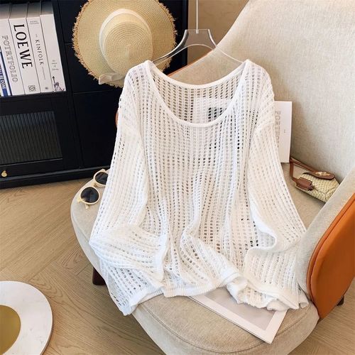 Women's Summer Lazy Style Loose Sun Protection Blouse with Hollow Knit Long Sleeve, Round Neck Design, Pure Color Top with Unique Details