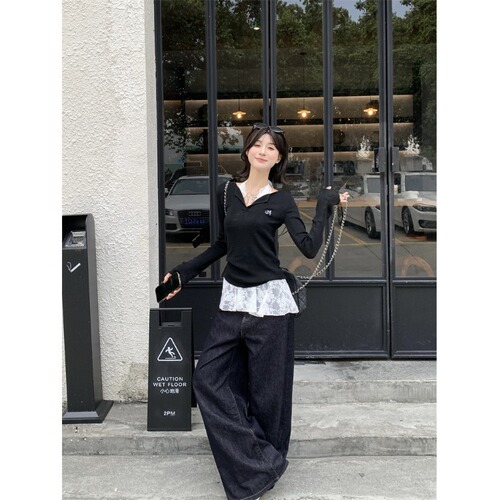 Sweet and Spicy Unique Embroidered Long-Sleeve Knit Top for Women - Early Autumn New Arrival Slimming and Elegant Layering Design - Black