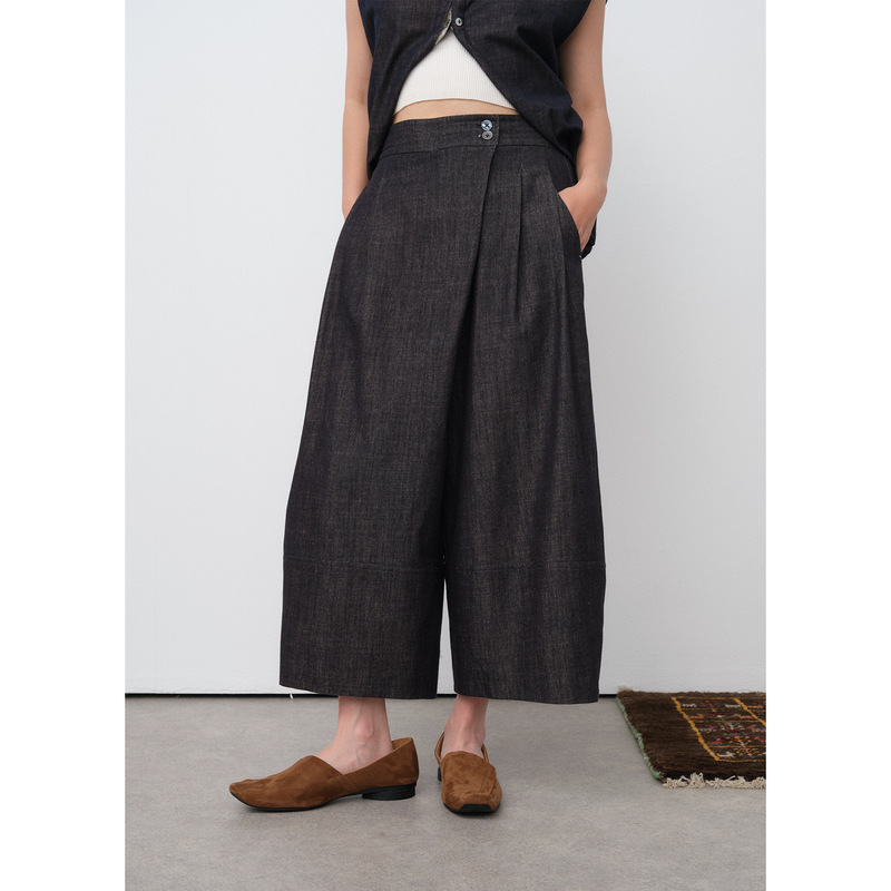 Neihe Tencel Cotton Linen Diagonal Placket Casual Pants Wide-Leg Versatile Cropped Jeans for Women Summer New Style 258513
