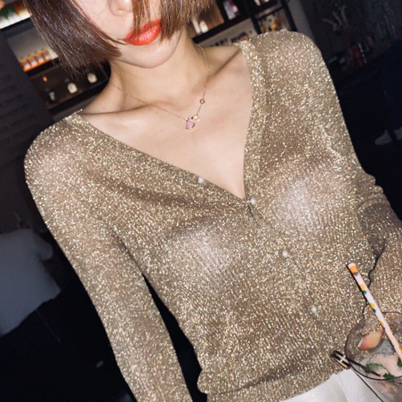 New European Imported Shiny Yarn Silk Dream Spun Ribbed Knit Cardigan with Pearl Buttons