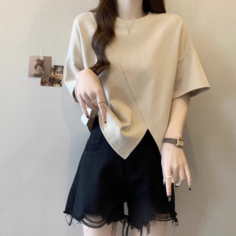 Plus-Size Irregular Short-Sleeve T-Shirt for Women, 2026 Summer New Style, Slimming and Tummy-Concealing Design with Side Slits Plus-Size Irregular Short-Sleeve T-Shirt for Women, 2026 Summer New Style, Slimming and Tummy-Concealing Design with Side Slits