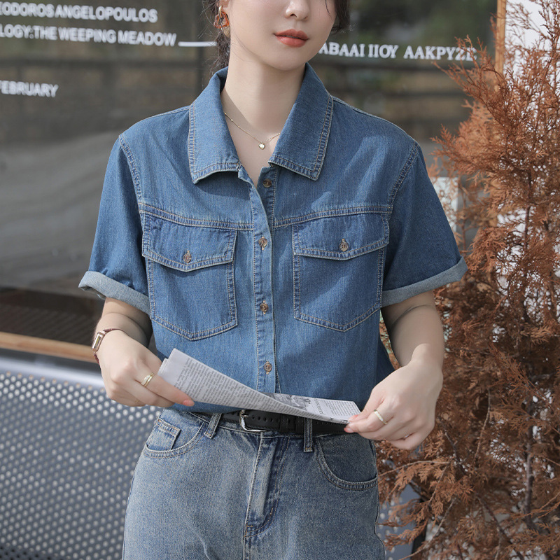 French-Style Vintage Denim Short-Sleeve Shirt for Women, Summer 2024 New Model, Niche Petite Elegant Top, Niche Literary Style