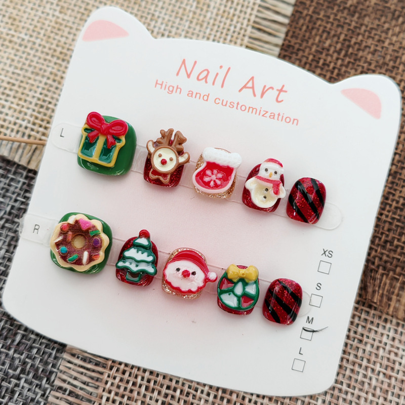Christmas Kidsren's Exclusive Handmade Nails Cartoon Cute Little Girl Nail Patches 3-6-12 Years Old Manicure