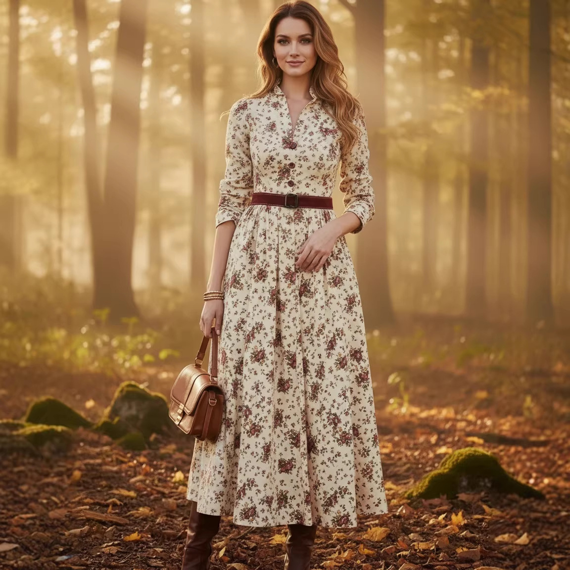 2026欧美跨境外贸亚马逊新款 复古印花收腰V领春季长袖女装连衣裙