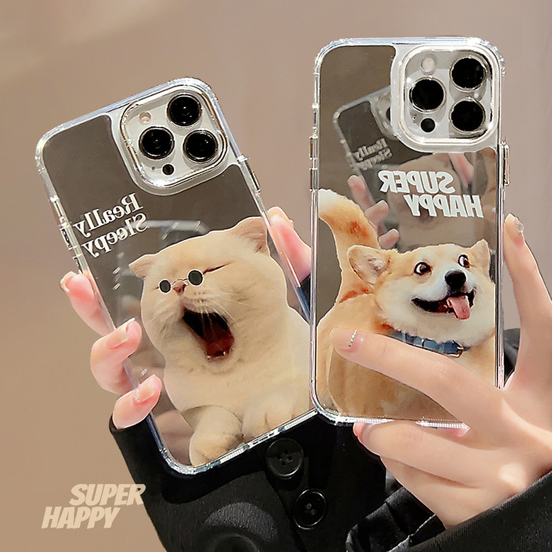 Funny and Cute Cat and Dog Phone Case Suitable for Apple 16, iPhone 17 Pro Max, Electroplated Mirror Surface, Trendy for 13 and 11