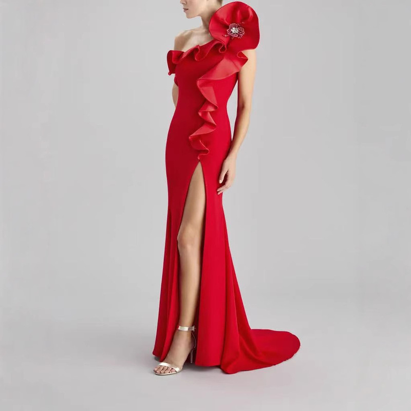 2025 Cash Simple Red Fashion New One-Shoulder Long Ruffled Mermaid Ball Crepe Party Gown