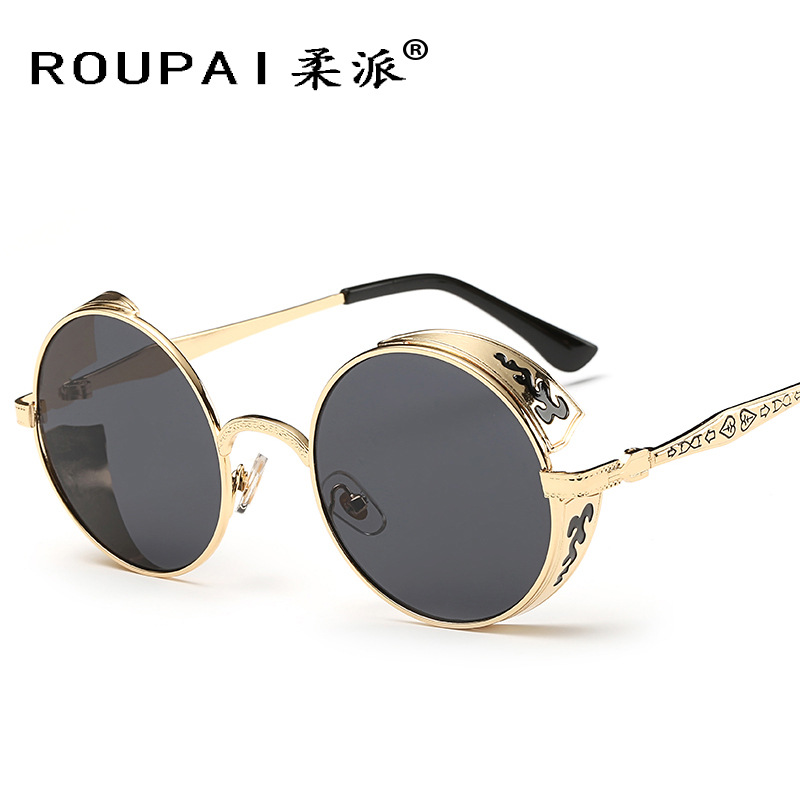 Gafas de Sol Retro Redondas al por Mayor de Fábrica, Gafas de Príncipe con Patrón Grabado, Gafas de Sol Reflectantes 881, Venta Directa