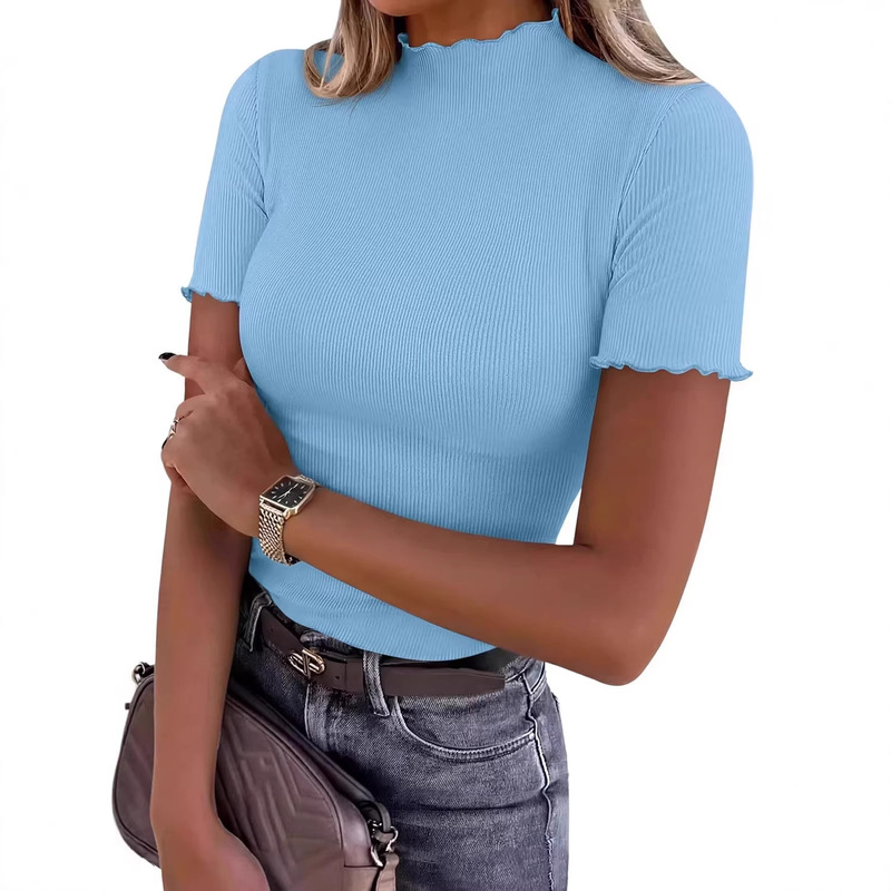 2026 Women's Short Sleeve T-Shirt Summer Casual Top Ruffled Faux Collar Slim Fit Basic T-Shirt