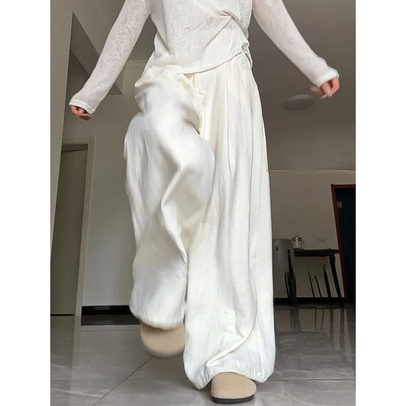 White Milk Silk Suit Pants for Women, Summer 2026 New High-Waisted Slimming Casual Pants, Loose Drape Ice Silk Wide-Leg Pants