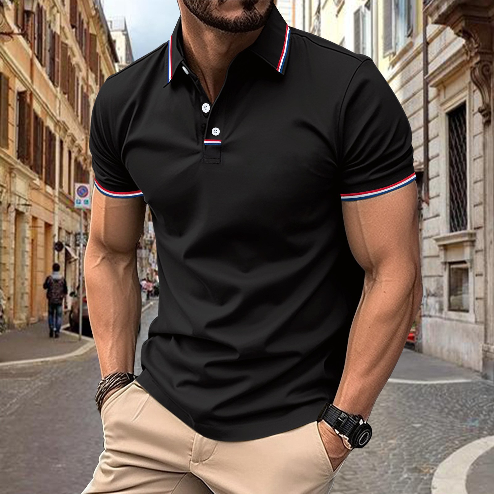 2025 Amazon Cross-Border Summer New Men's Placket Pull Strip Stitching Pure Color Button Casual Polo Shirt for Men