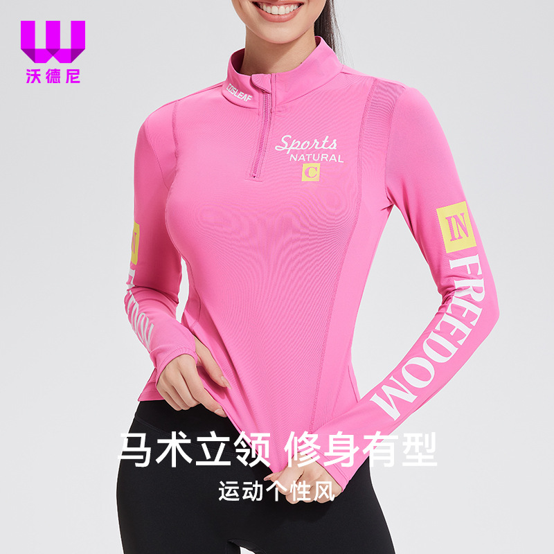 Nueva impresión de cuello vertical medio pecho cremallera manga larga correr fitness al aire libre chaqueta transpirable chaqueta de yoga de mujer
