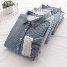 秋冬新款棉纱文艺清新百搭条纹衬衫女长袖小衫加绒上衣外套衬衣潮