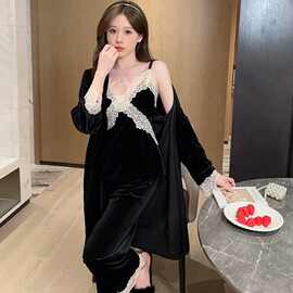 睡衣女秋冬季性感吊带金丝绒长袖睡袍套装女大码家居服三件套棉无