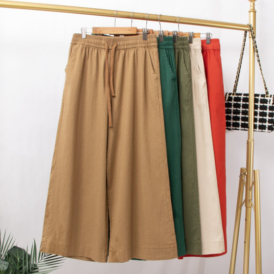 Washed Cotton and Linen Wide-leg Pants Women's Summer Thin High Waist Dosing plus size Loose Casual Linen Straight Pants Cropped