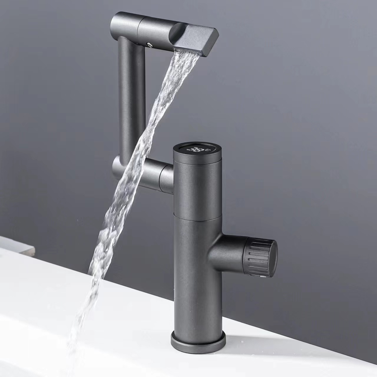 Pantalla digital gato afortunado grifo de agua caliente y fría lavabo de cobre blanco fregadero Baño hogar pistola gris grifo de la cuenca