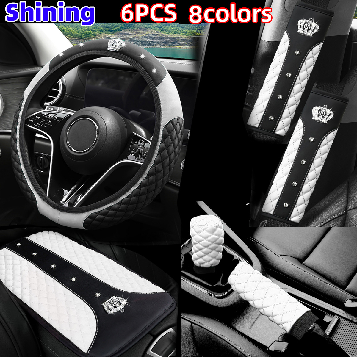 Cross-Border Popular Car Steering Wheel Cover, Leather Diamond-Encrusted Crown, Bubble Armrest Box Pad, Shoulder Protector, Seat Belt Cover Wholesale