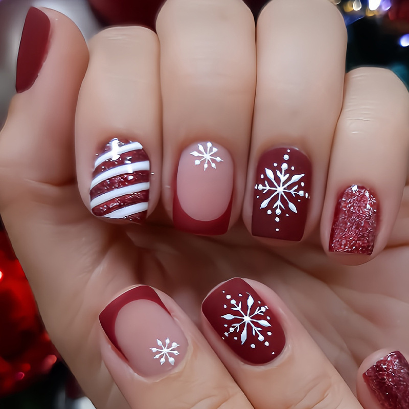 Christmas press-on nails in a cross-border style, wine red with snowflake pattern and stripe design, sparkling glitter nail tips Christmas press-on nails in a cross-border style, wine red with snowflake pattern and stripe design, sparkling glitter nail tips