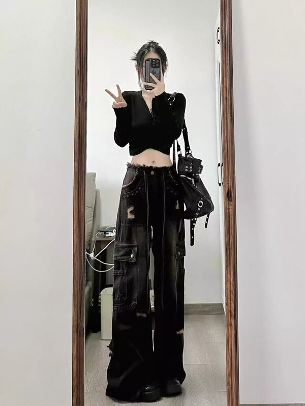 宽松阔腿工装牛仔裤女2025新款高腰显瘦直筒牛仔阔腿裤女裤子女款|undefined