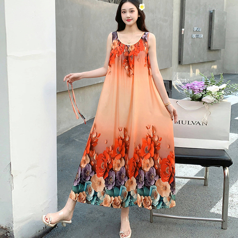 Summer Round Neck Sleeveless Vest Maternity Skirt Bohemian Floral Long Skirt Loose Plus Size Fat Girl Dress Summer Round Neck Sleeveless Vest Maternity Skirt Bohemian Floral Long Skirt Loose Plus Size Fat Girl Dress