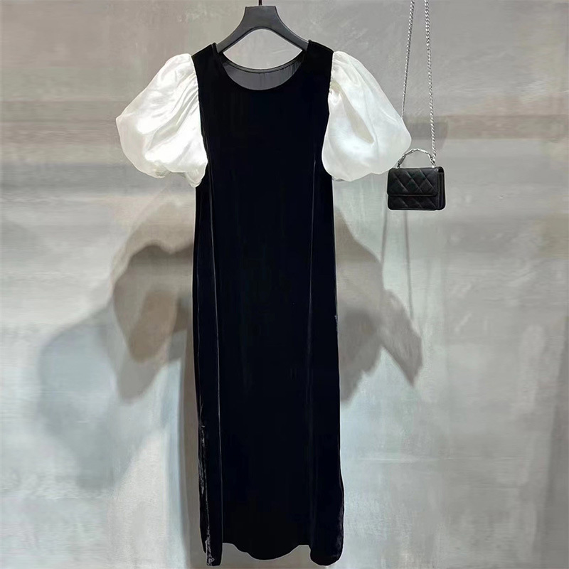 Shenzhen 2025 New Nanyou Women's European Classy French Design Puff Sleeve Velvet Long Dress for Women