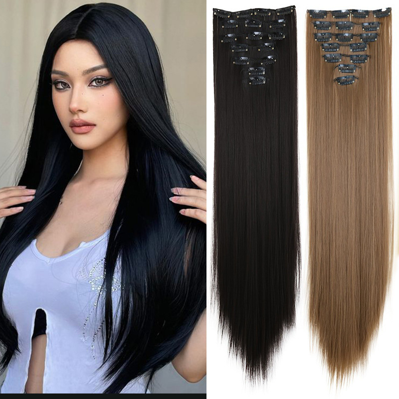 Cross-Border Foreign Trade Wig 7-Piece Set Hair Extensions 16 Cards High Temperature Silk Chemical Fiber Hair Straight Hair Extensions to Increase Hair Volume Wholesale