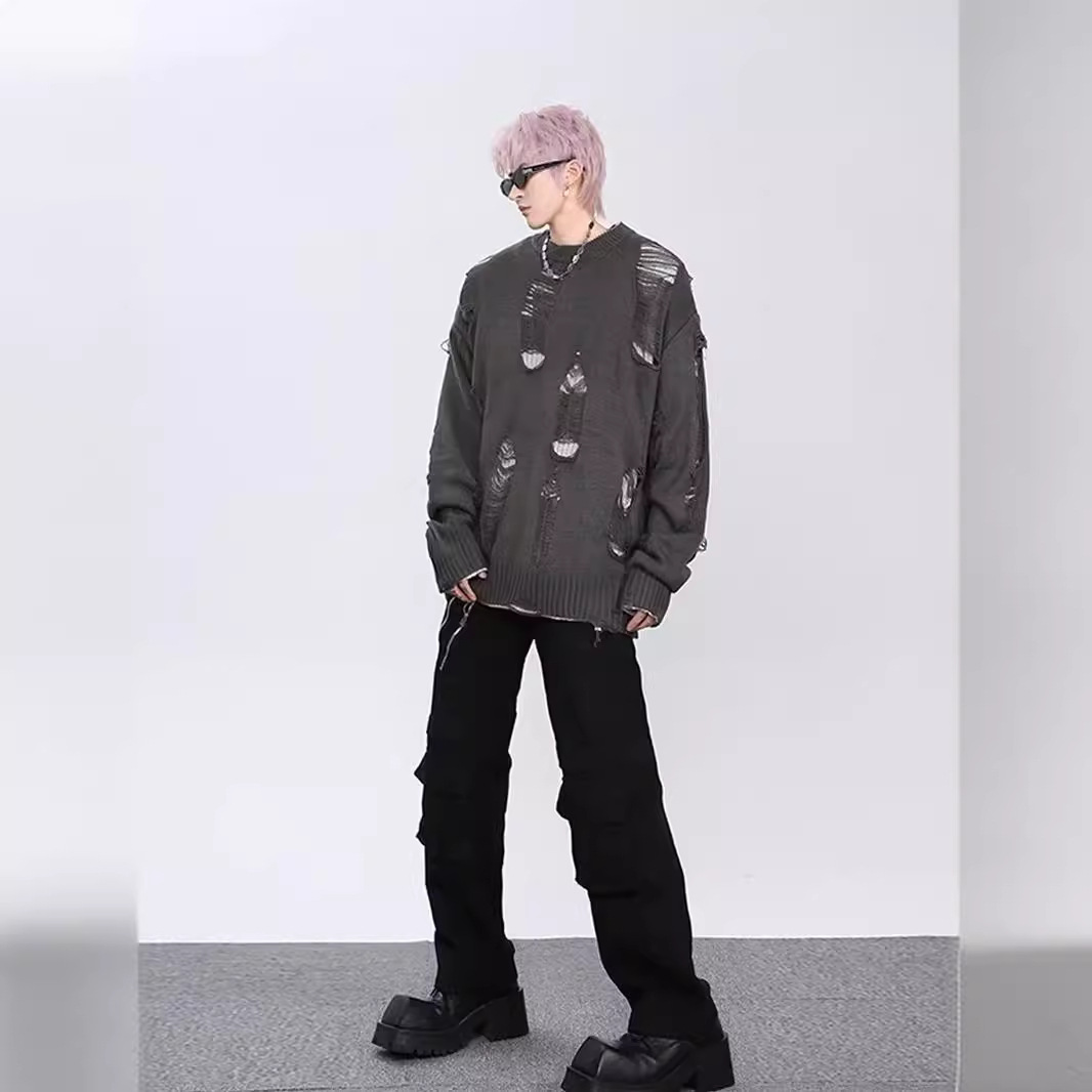 Cuello redondo perezoso alto calle suéter de los hombres de otoño e invierno marca de moda suelta hip hop rasgado diseño de dos lados sentido nicho suéter