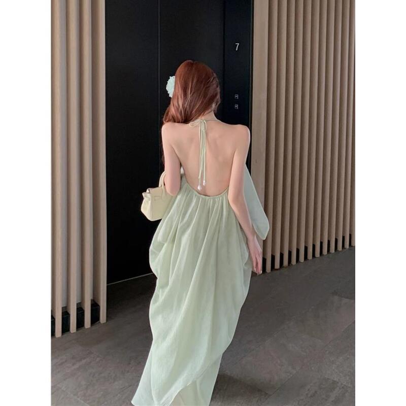 Pure Yujie Backless Neck Strap dress Women's Summer Holiday Pleated Long Dress Green Loose A- line Dress