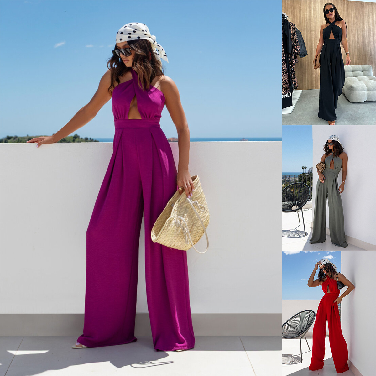 2025 Amazon AliExpress New Summer Solid Color Sleeveless Shoulder Sexy Hanging Neck Waisted Jumpsuit Women's Clothing