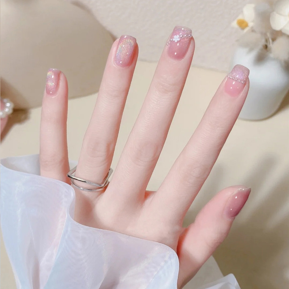 Polvo de perla, manicure, manicure corta, suave, aire de hadas, ojo de gato, 24 piezas, parche de uñas terminado.