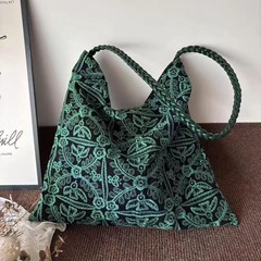 グリーンジャングル織り刺繍キャンバスバッグ大容量オリジナルニッチハンドメイドバッグ多用途シンプルトートバッグ