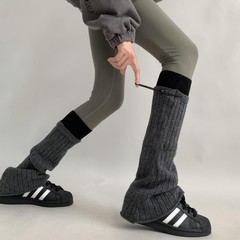 灰色拼接撞色抽绳袜套女秋冬叠穿显瘦竖条纹针织堆堆腿套针织