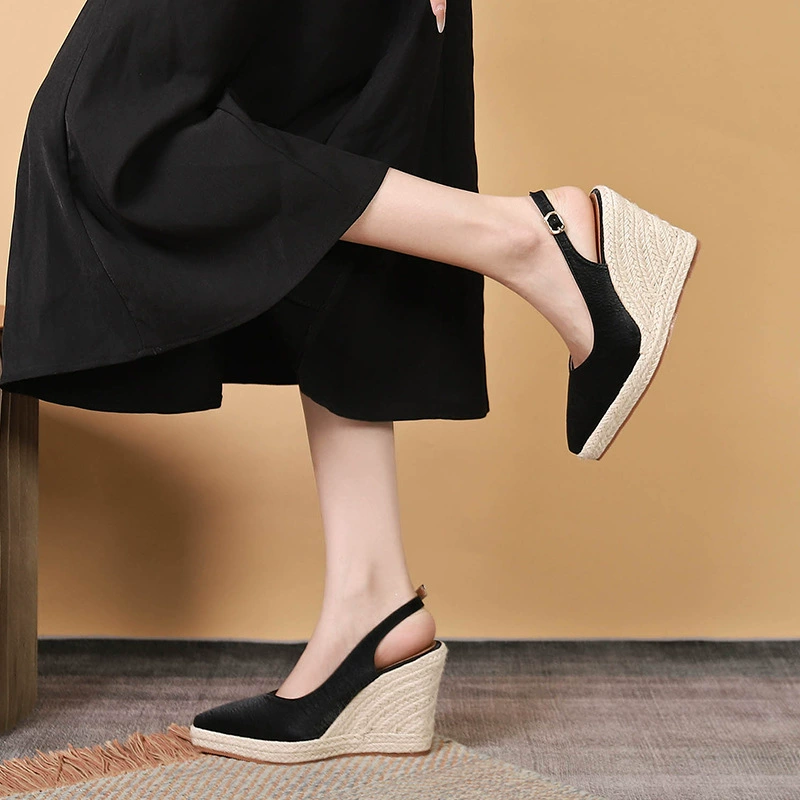 Amazon Трансграничная заостренная танкетка Толстая подошва На высоком каблуке Baotou Drag Задняя пустая женская обувь Пряжка Соломенная протертая пеньковая веревка Подошва AliExpress