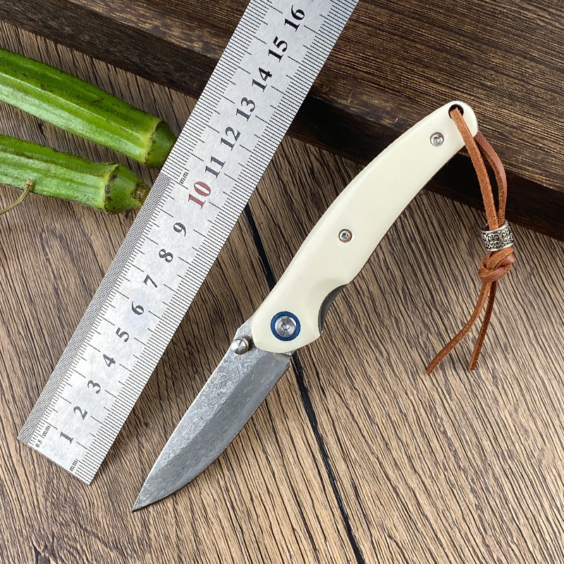 爆款热销大马士革钢折叠刀多功能水果刀便携刀具仿牛骨手柄户外刀