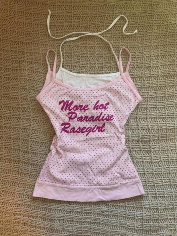 American Retro Vintage Japanese-Style Pink Polka Dot Letter Print Tie-Up Halter Neck Top, Slimming and Sweet American Retro Vintage Japanese-Style Pink Polka Dot Letter Print Tie-Up Halter Neck Top, Slimming and Sweet