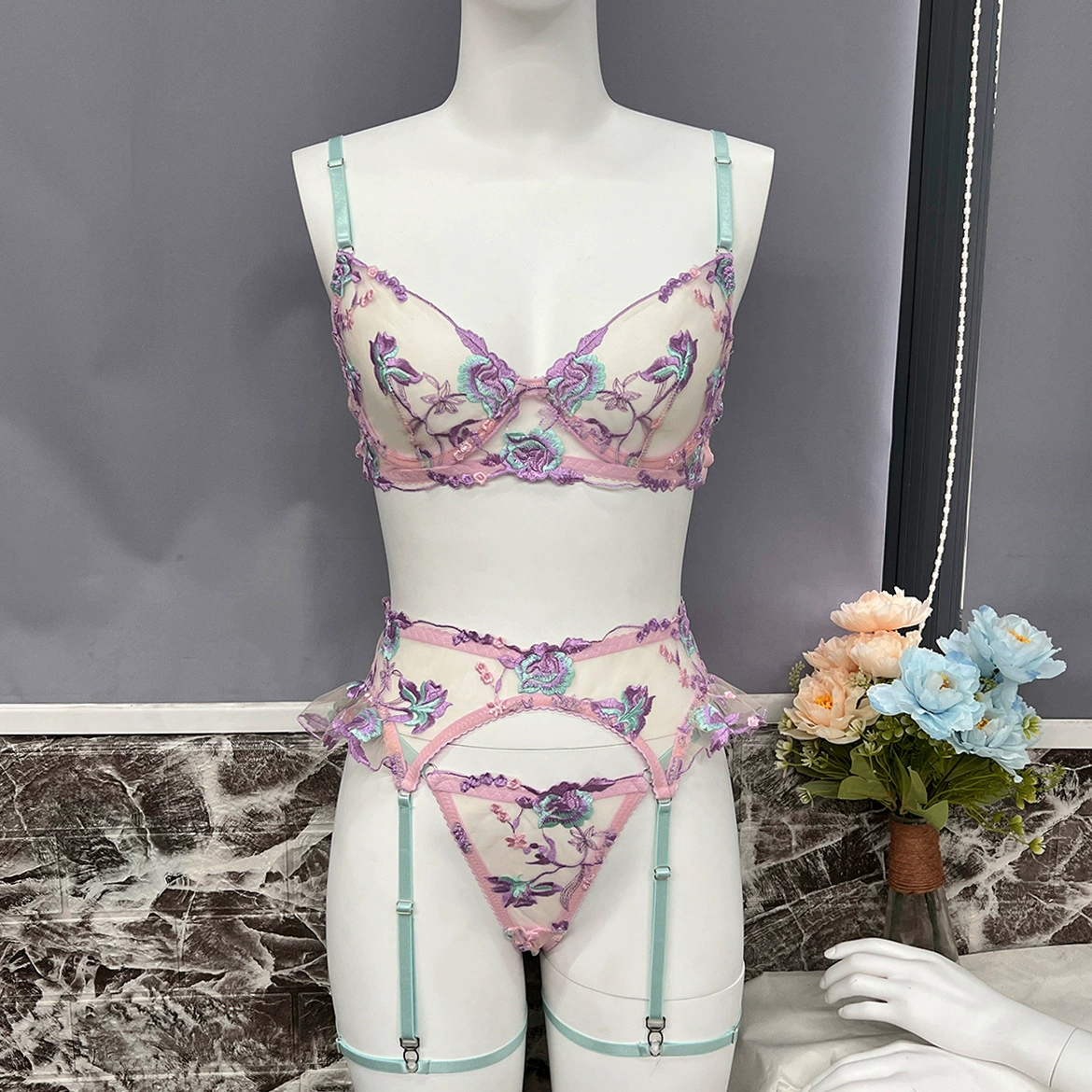 Embroidered European Lingerie Garter Set, Sheer Mesh, Sizes S–L (Purple 3507)