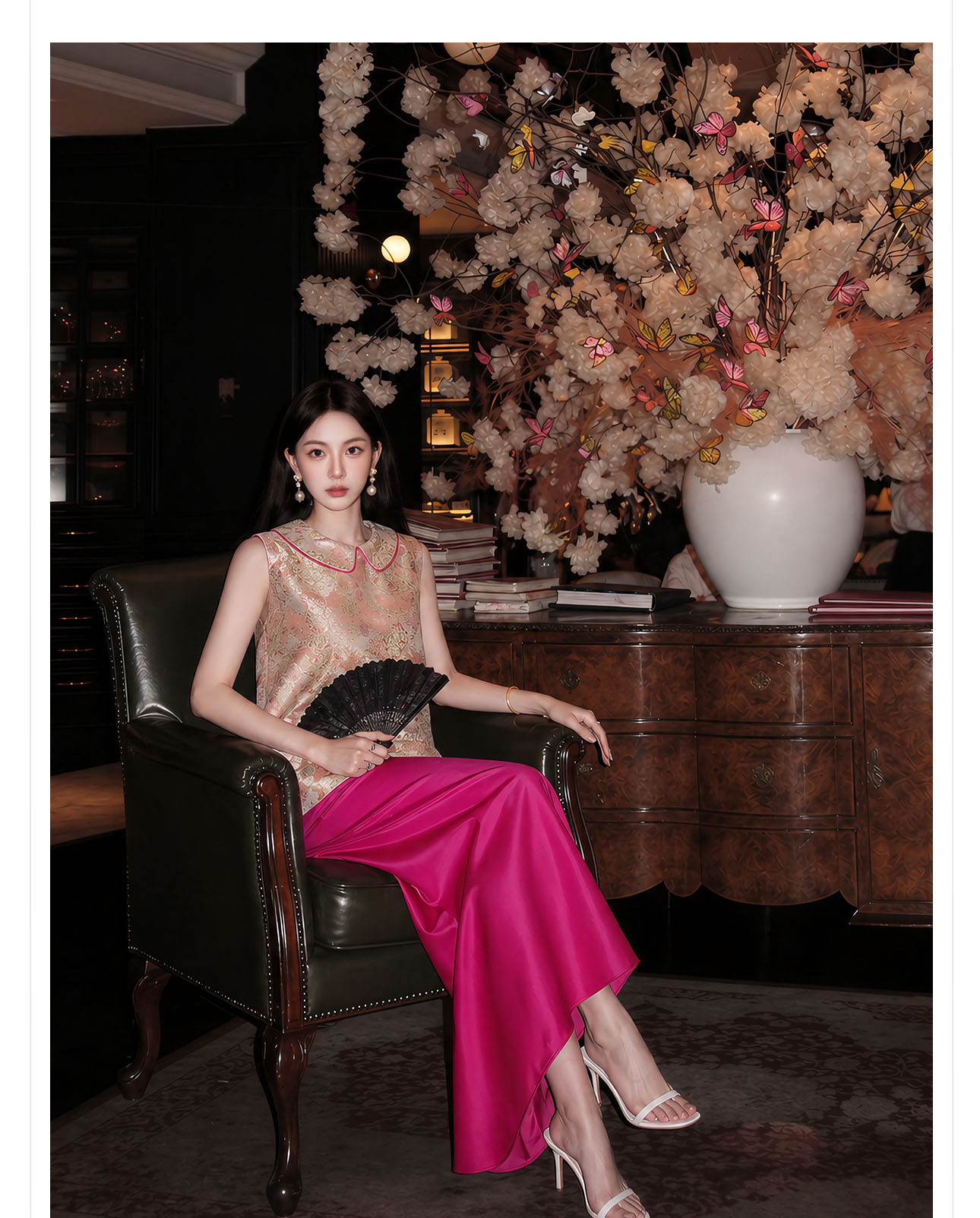 Bộ áo gile + chân váy nữ phong cách Trung Hoa mới, chất liệu jacquard cao cấp, form thắt eo thanh lịch — Áo khoác Carmine, Trang phục [Áo khoác màu hồng+váy đỏ], Màu đỏ nửa váy chi tiết 2