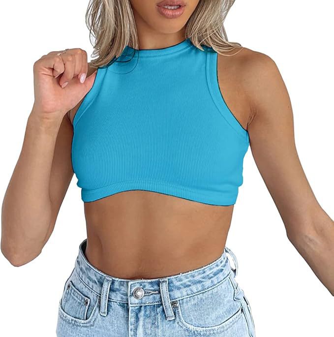 2025 European and American Cross-Border Summer Women's Round Neck Tight Knitted Rib Basic Sleeveless Navel-Baring Ultra-Short Vest