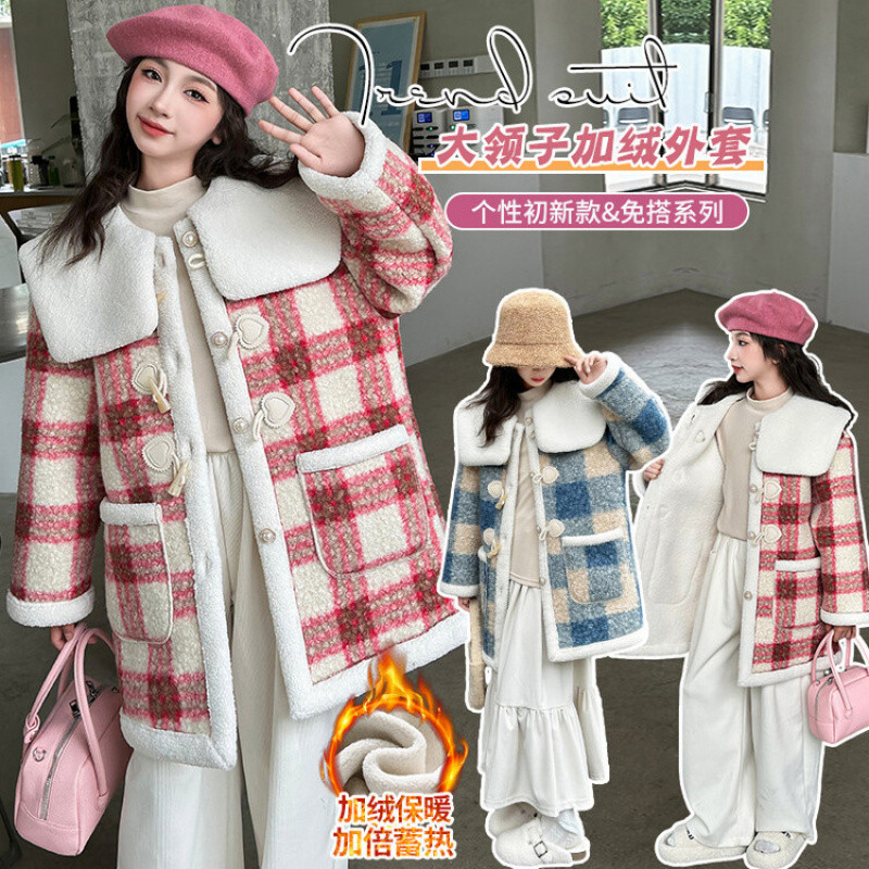 Zhili children's clothing girls' woolen plaid coat, fleece-lined and thickened, winter style, 2026 new style, for medium and large children.