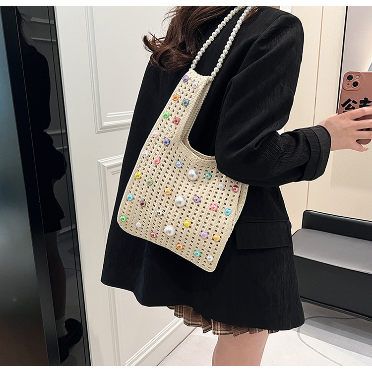 All Seasons Season Women's Medium Knit Solid Color Cute Pearls Open Straw Bag