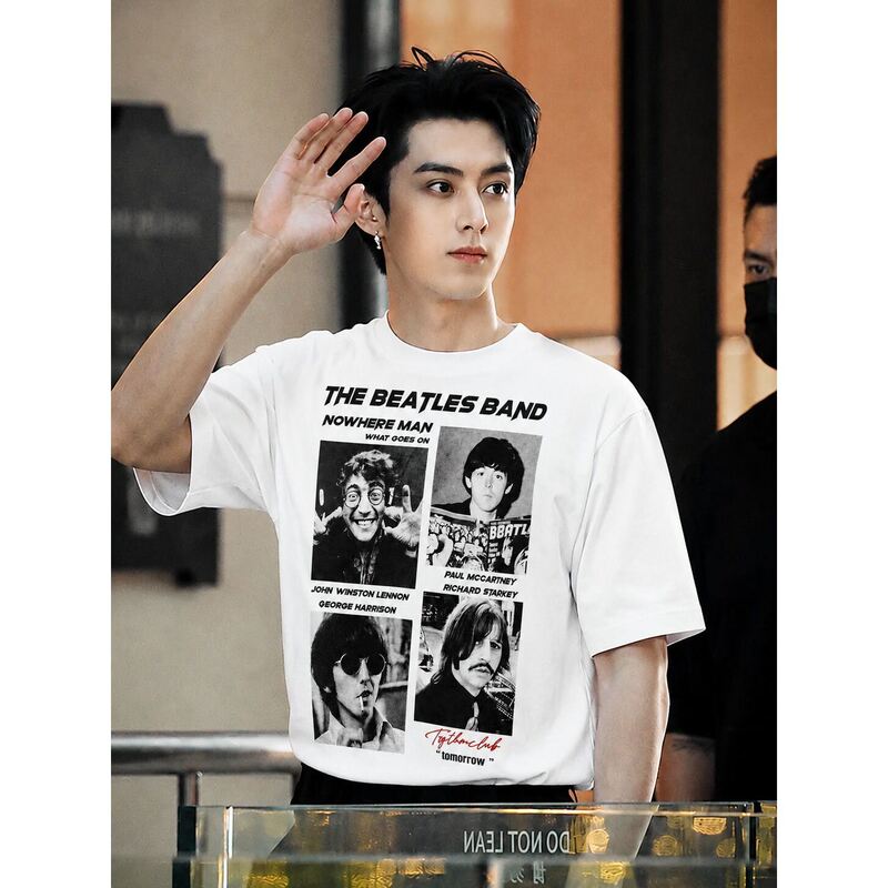 Wang Hedi's Same Style Celebrity Summer Men's Short-Sleeve T-Shirt, the Beatles Band American High Street Style Loose Half-Sleeve Top Wang Hedi's Same Style Celebrity Summer Men's Short-Sleeve T-Shirt, the Beatles Band American High Street Style Loose Half-Sleeve Top