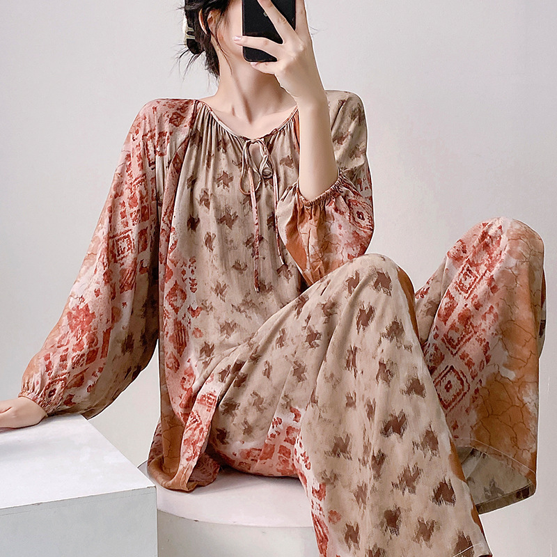 Summer Explosions Cotton Silk Long-sleeved Pajamas Women's Air-conditioning Wear Thin Home Clothes Sweat-absorbent Breathable Skin-friendly Soft Moon Clothes