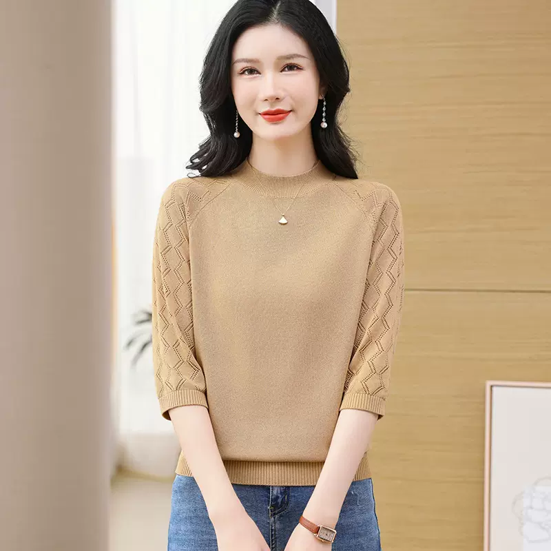 七分袖上衣女针织衫薄款春装减龄漂亮小衫妈妈时尚春季t恤打底衫