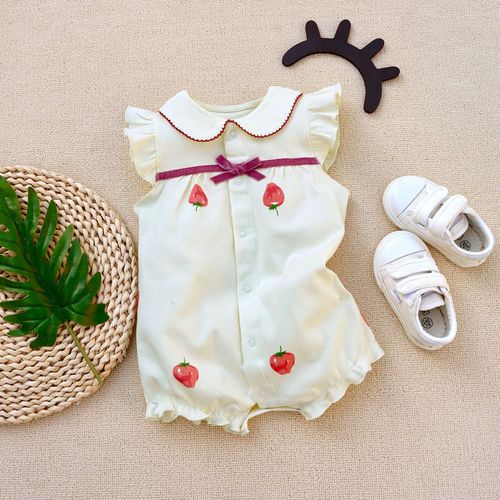Cross-border  new short-sleeved rompers, boxer-angle fake two-piece suspenders, short-sleeved, small flying sleeves, baby jumpsuit