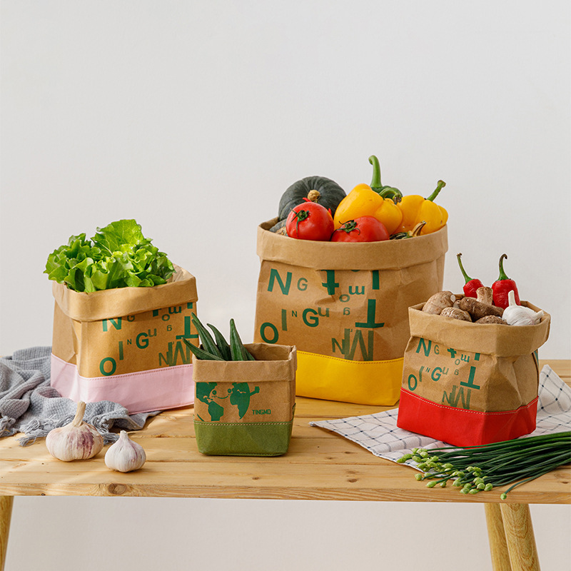 Washable Two-Tone Kraft Paper Storage Bag Trendy Ins-Style Flower Pot Waterproof Bathroom Vegetable Paper Tote Bag