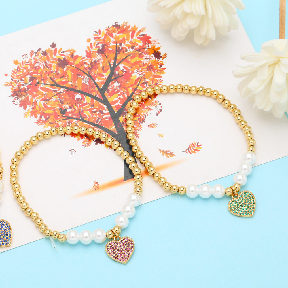 Fashion Copper Heart shape Bracelet Artificial Pearl Zircon Copper Bracelets