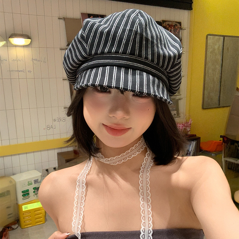 日系复古条纹贝雷帽女夏季小众设计感画家帽显脸小八角帽子报童帽|undefined