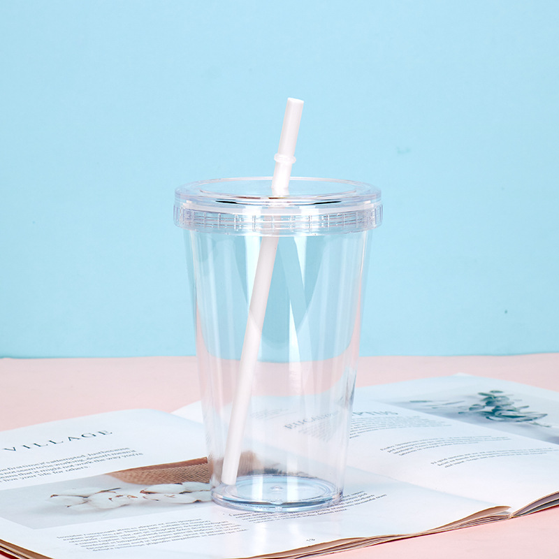 16oz taza de paja fría de verano de gran capacidad de doble capa taza de plástico transparente PS material leche taza de té de regalo de publicidad